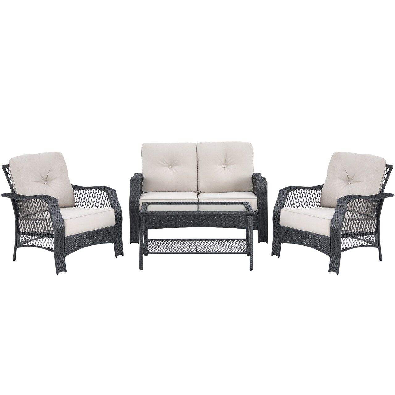 4-Piece Outdoor Rattan Patio Set Black PE Rattan Steel Loveseat 2 Chairs Table